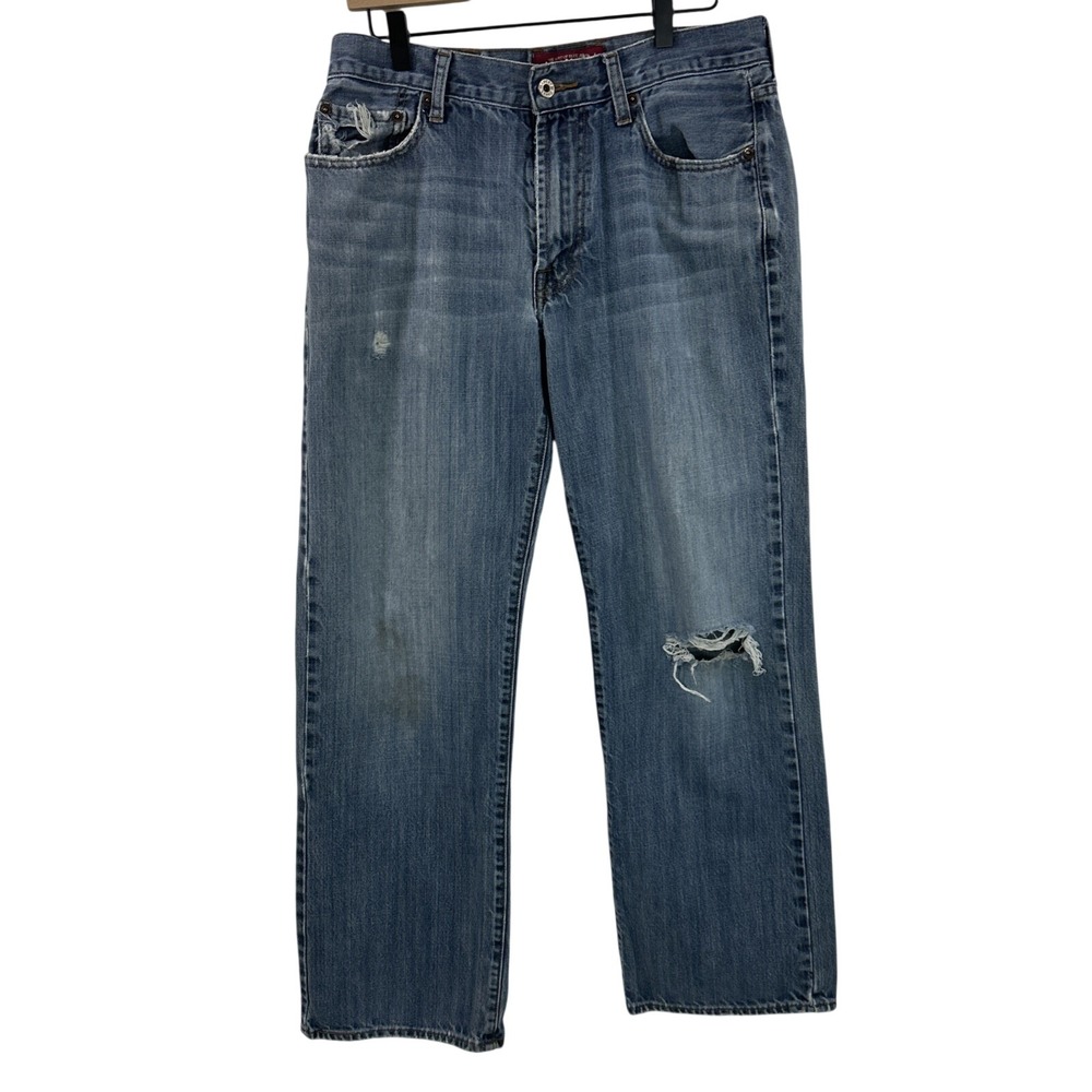 Lucky Brand Men 32 x 32 Blue Jeans Relaxed Straight Stain on knee pics